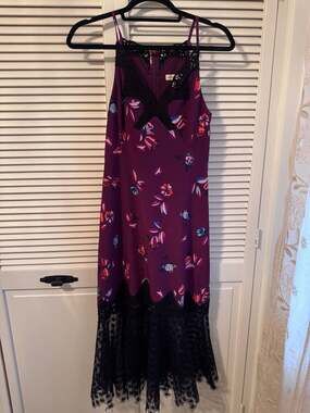 Rebecca Taylor Bellflower Print Purple Silk Midi Slip Dress with Black Floral La